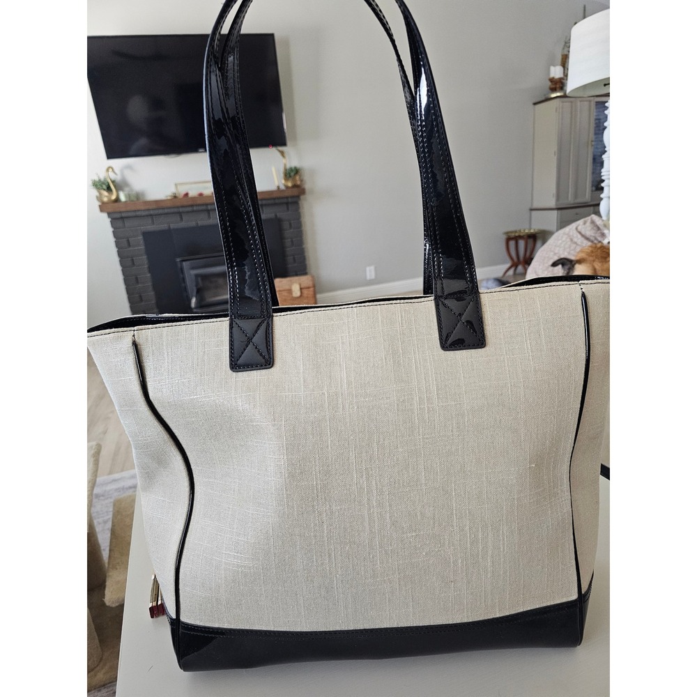 Liz Claiborne Cream Woven Linen Black Patent Trim Large Tote Bag